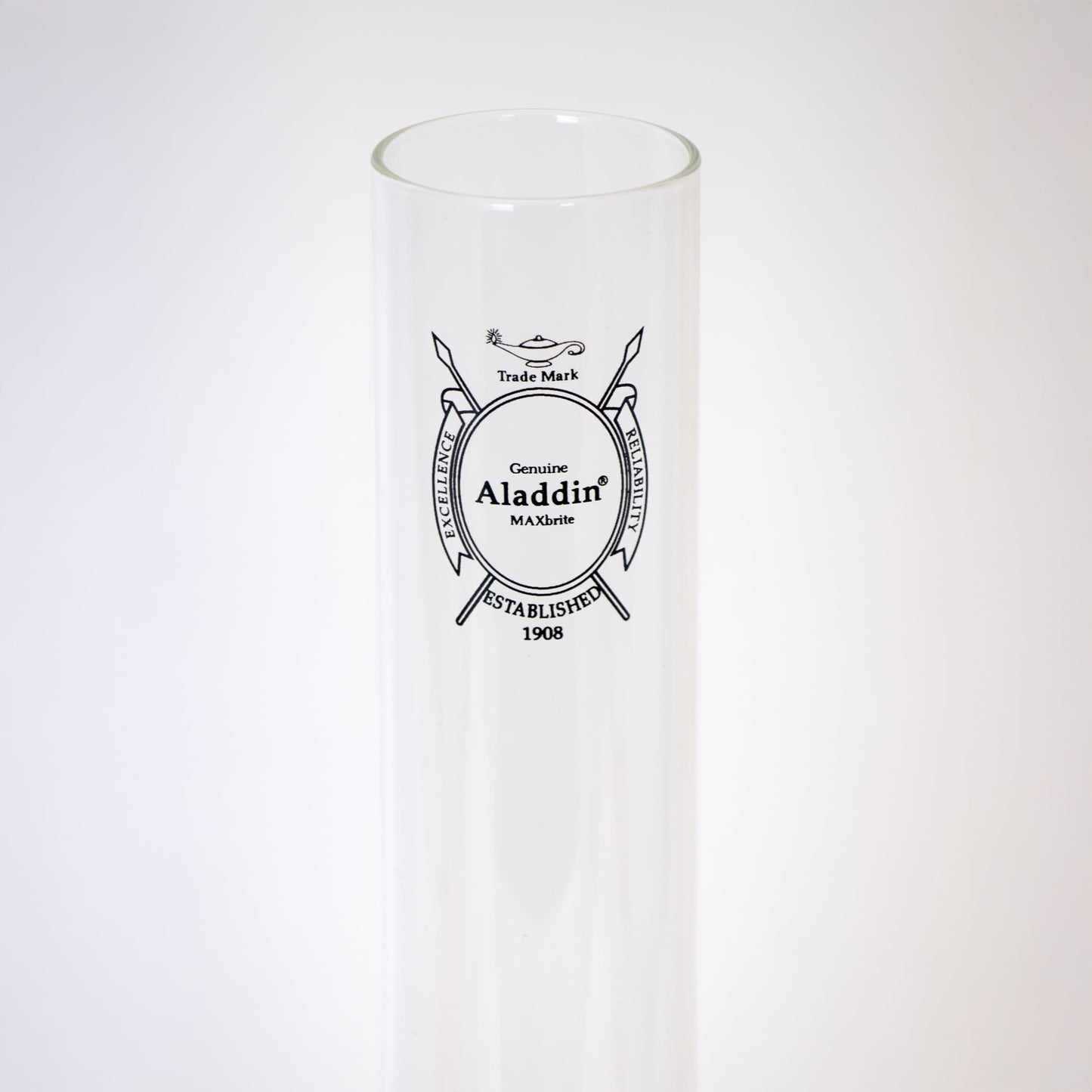 Clear borosilicate glass chimney tube with black printed logo, designed for improved lamp brightness and durability, featured in Lamps & Lighting, Parts and Accessories, and Chimneys and Globes collections.