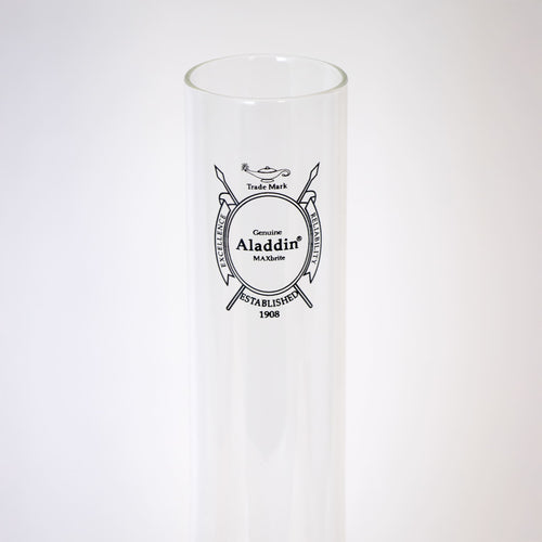 Clear borosilicate glass chimney tube with black printed logo, designed for improved lamp brightness and durability, featured in Lamps & Lighting, Parts and Accessories, and Chimneys and Globes collections.