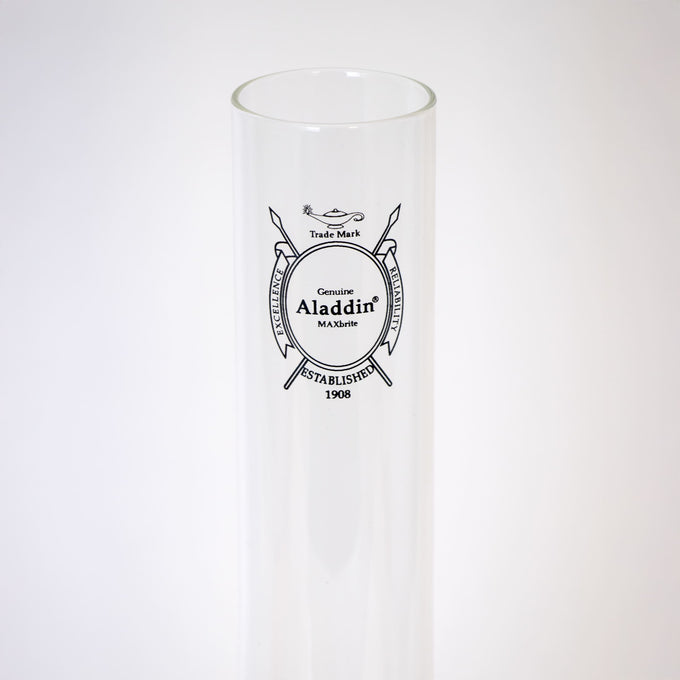 Clear borosilicate glass chimney tube with black printed logo, designed for improved lamp brightness and durability, featured in Lamps & Lighting, Parts and Accessories, and Chimneys and Globes collections.