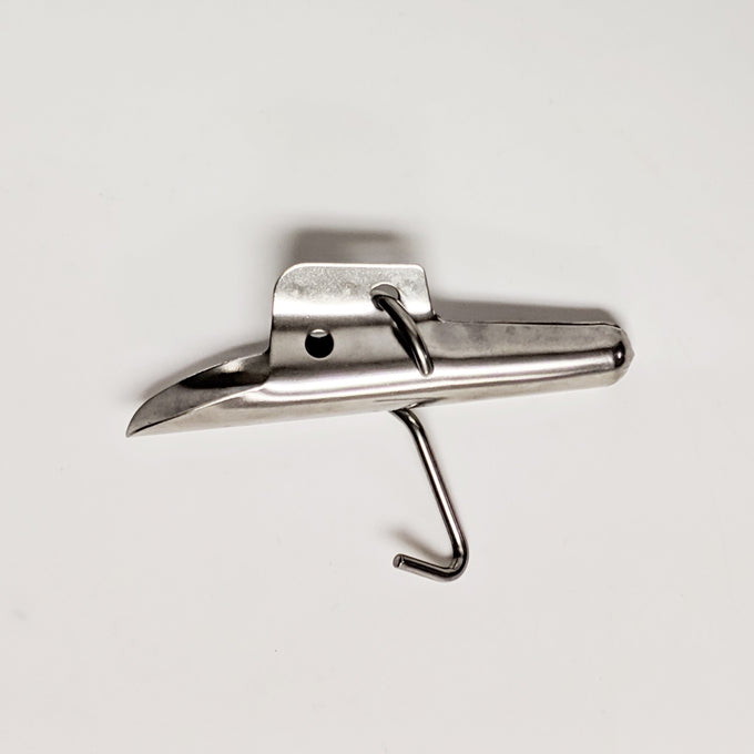 Heavy-duty stainless steel spout with hooked hanger designed for hanging buckets during tree tapping, built for repeated use in Farm, Garden & Tool, Orchard and Grove, Maple Syrup Sugaring Supplies collections.