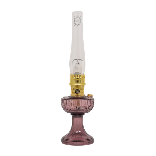 Handcrafted oil lamp with purple glass Lincoln Drape base, clear tall chimney, and brass burner, perfect for Farm, Garden & Tool, Lamps & Lighting, Oil Lamps, Table Lamps, Best Sellers, Homesteading, and Promo Eligible collections.