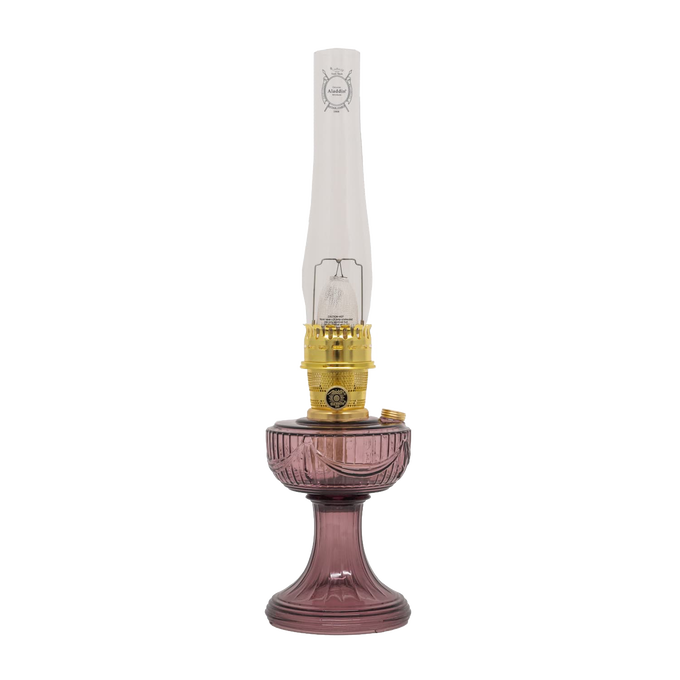 Handcrafted oil lamp with purple glass Lincoln Drape base, clear tall chimney, and brass burner, perfect for Farm, Garden & Tool, Lamps & Lighting, Oil Lamps, Table Lamps, Best Sellers, Homesteading, and Promo Eligible collections.