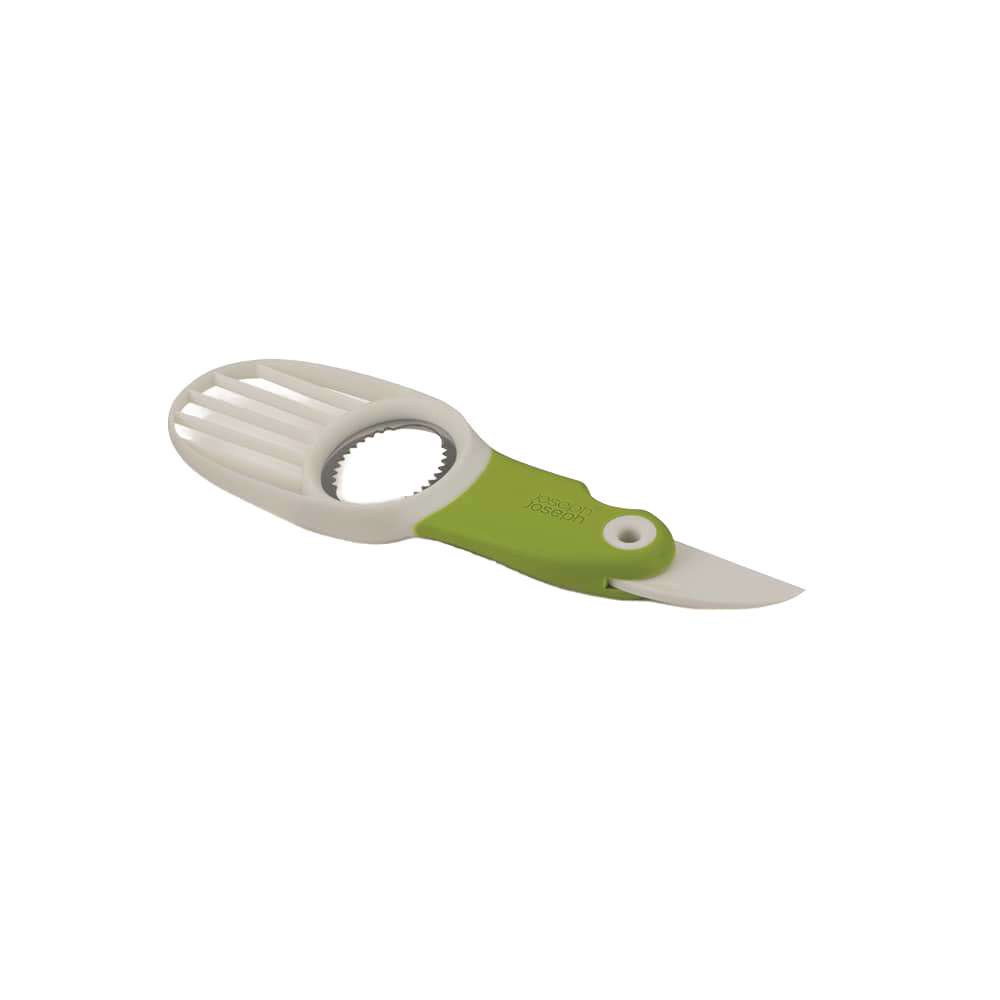 Green and white 3-in-1 avocado tool with folding plastic blade and pitting ring, designed for safe and efficient food prep, suitable for Kitchen & Food and Farm, Garden & Tool collections.