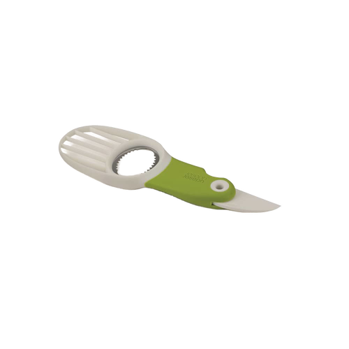 Green and white 3-in-1 avocado tool with folding plastic blade and pitting ring, designed for safe and efficient food prep, suitable for Kitchen & Food and Farm, Garden & Tool collections.