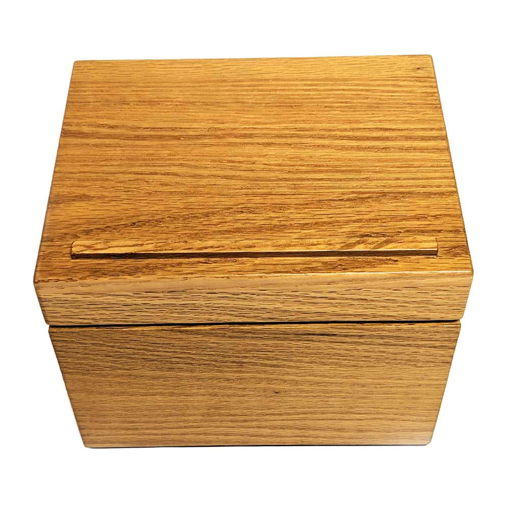 Handcrafted solid oak recipe box with smooth protective finish and recessed hinges, designed for Kitchen & Food, Cookware, Baking Supplies, and USA Made collections.