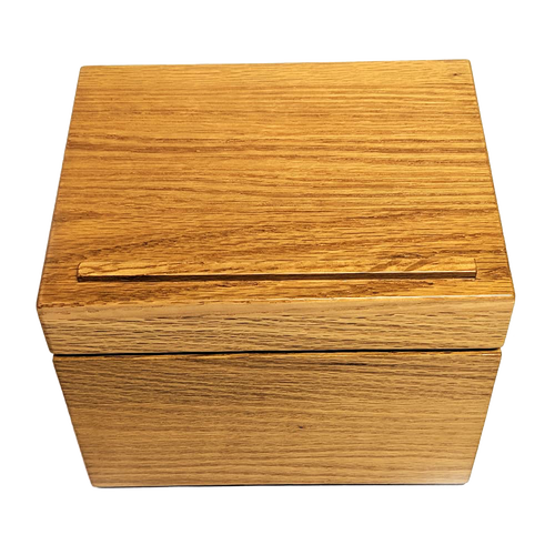 Handcrafted solid oak recipe box with smooth protective finish and recessed hinges, designed for Kitchen & Food, Cookware, Baking Supplies, and USA Made collections.