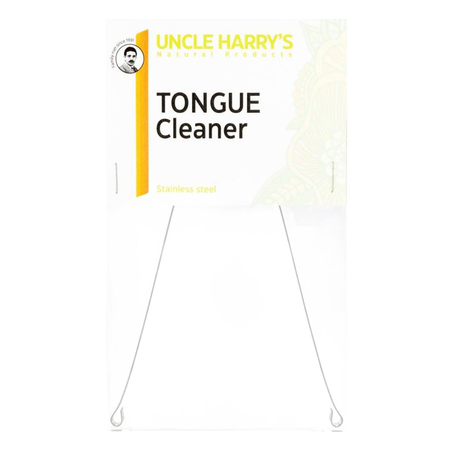 Stainless steel tongue cleaner displayed with minimalist white and yellow packaging, promoting oral hygiene and freshness, featured in Health & Wellness and Personal Hygiene collections.