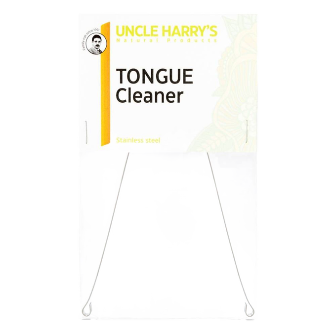 Stainless steel tongue cleaner displayed with minimalist white and yellow packaging, promoting oral hygiene and freshness, featured in Health & Wellness and Personal Hygiene collections.
