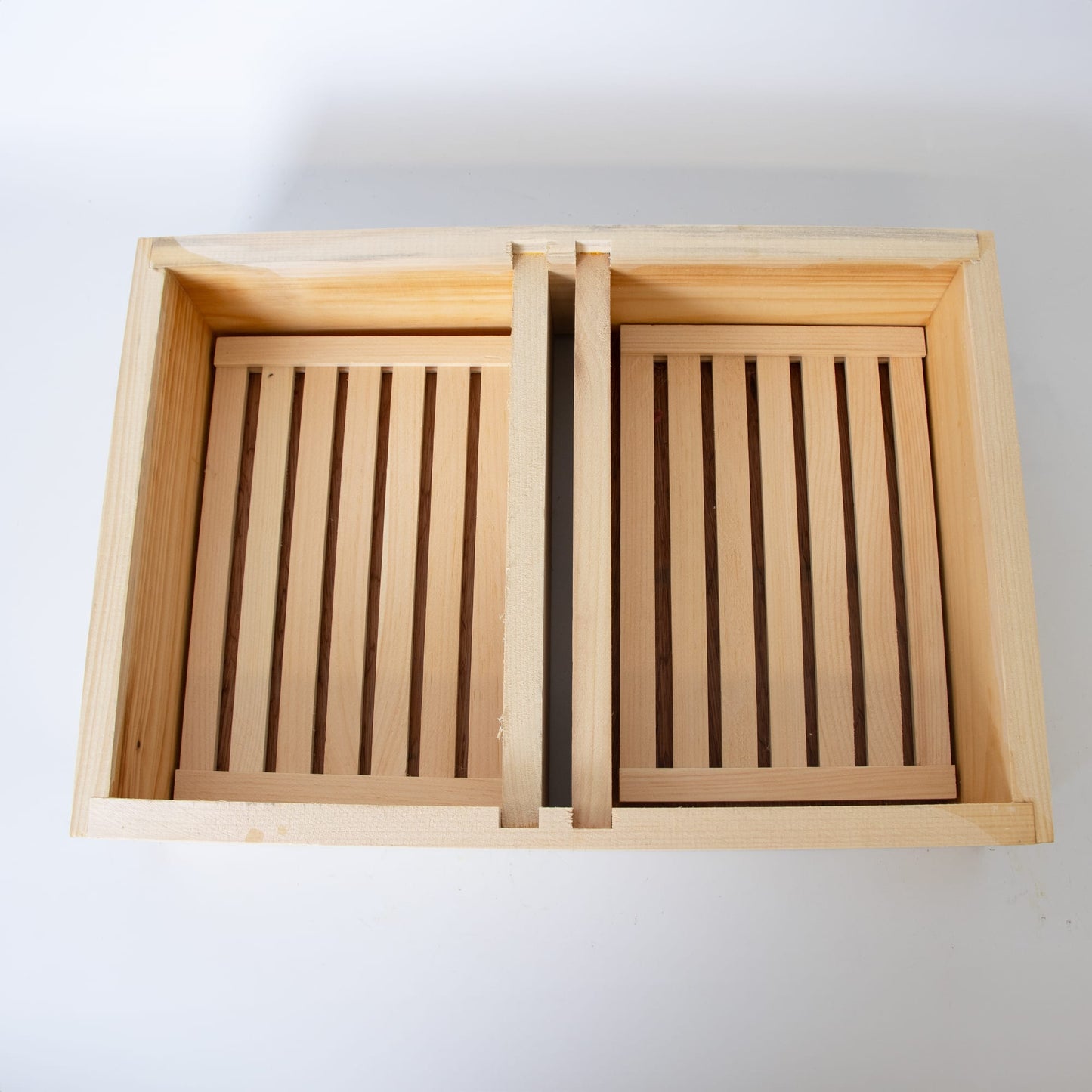 Handcrafted Amish-made wooden top feeder with dual reservoirs and slatted floats designed to fit 8-frame beehives, ideal for Farm, Garden & Tool and Beekeeping Supplies collections.