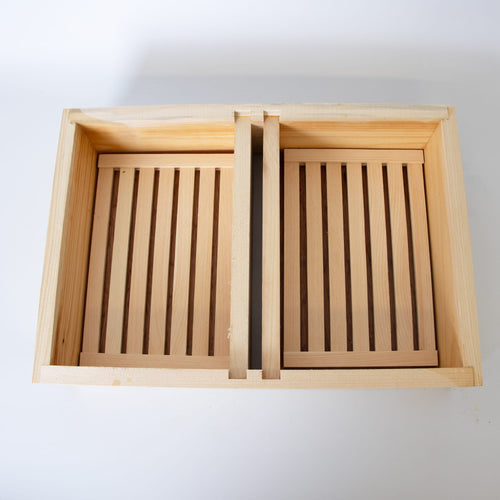 Handcrafted Amish-made wooden top feeder with dual reservoirs and slatted floats designed to fit 8-frame beehives, ideal for Farm, Garden & Tool and Beekeeping Supplies collections.