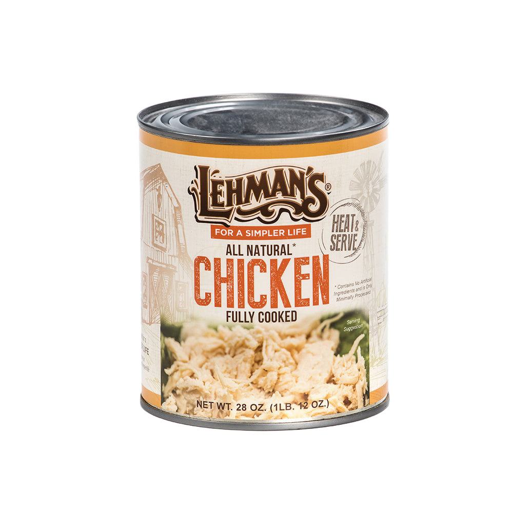 Can of Lehman's all natural fully cooked chicken with heat and serve label, showcasing shredded chicken on a clean background, ideal for Kitchen & Food, Food, Meats, Best Sellers, and Promo Eligible collections.