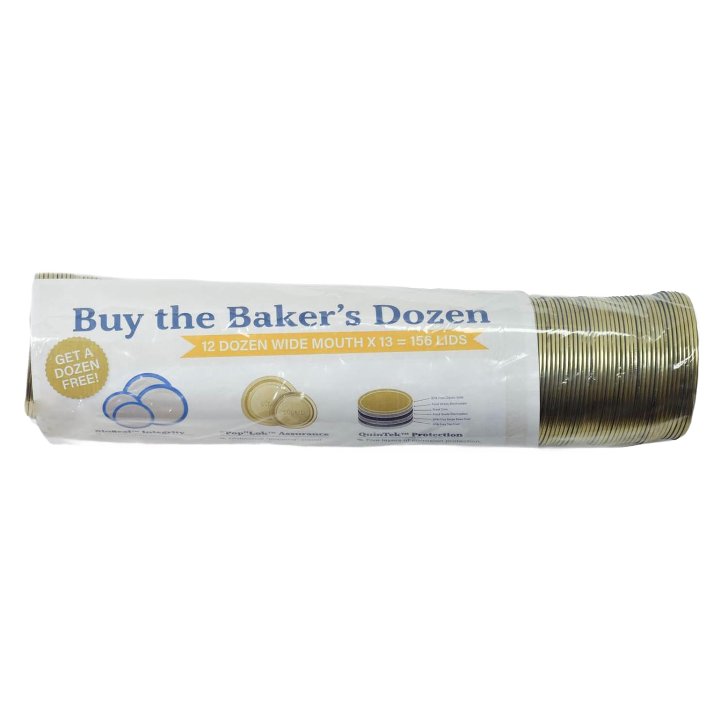 Package of wide-mouth metal canning jar lids in gold tone, featuring BluSeal™ technology for secure sealing, ideal for Kitchen & Food, Food Preservation, and Canning collections made in USA.