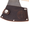 Genuine leather blade guard with embossed logo and metal rivets on an Amish made kindling axe, part of USA made farm, garden, camping, and hand tools collections.