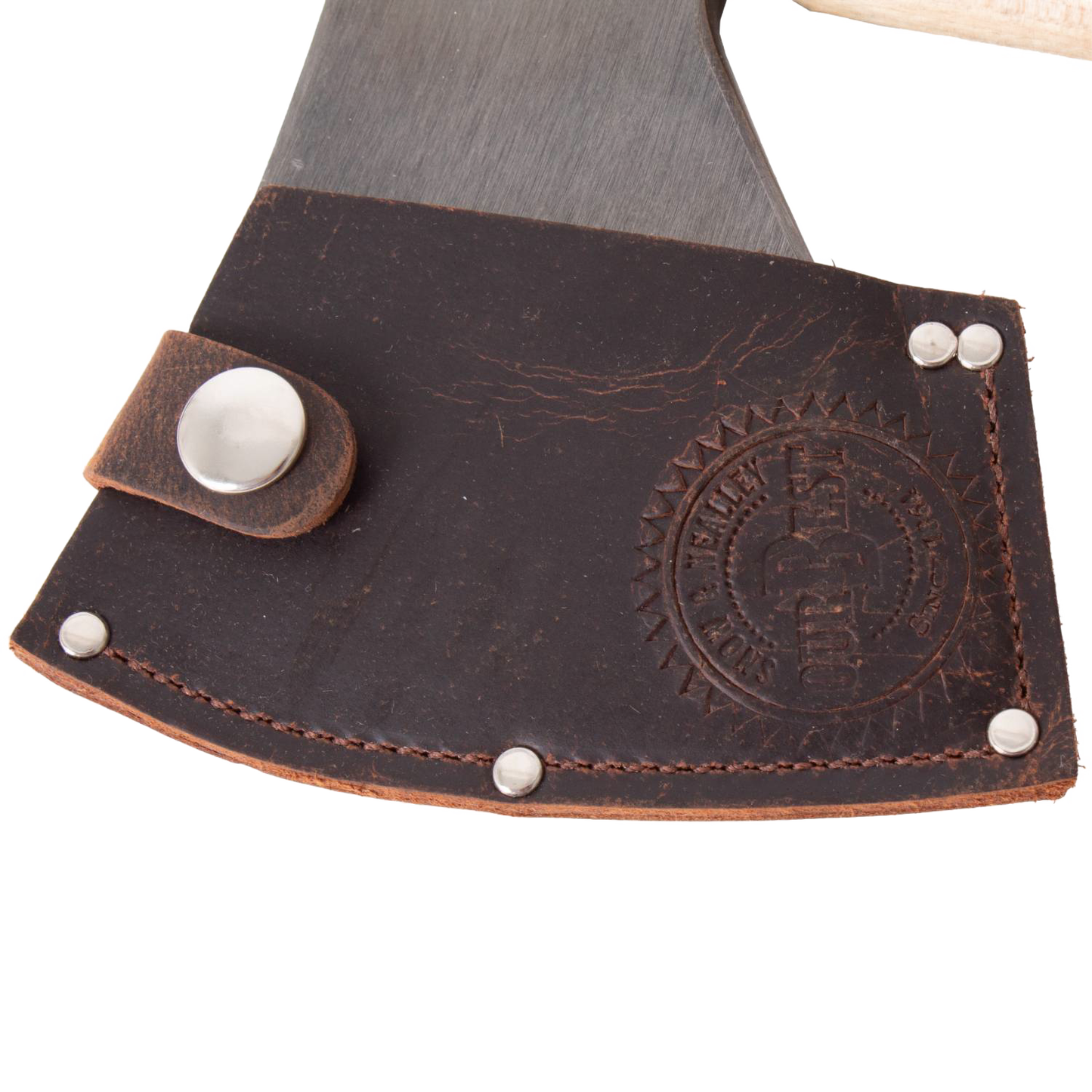 Genuine leather blade guard with embossed logo and metal rivets on an Amish made kindling axe, part of USA made farm, garden, camping, and hand tools collections.