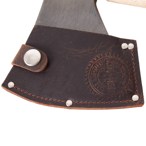 Genuine leather blade guard with embossed logo and metal rivets on an Amish made kindling axe, part of USA made farm, garden, camping, and hand tools collections.