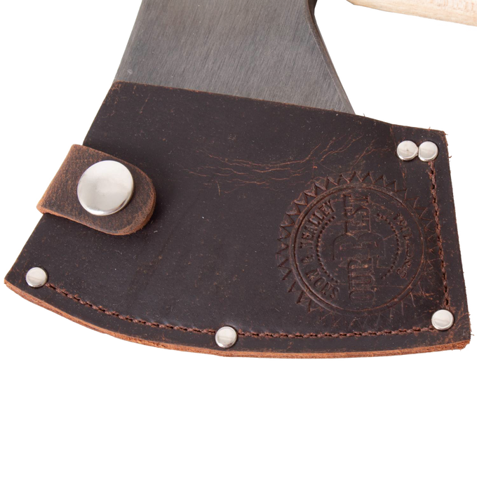 Genuine leather blade guard with embossed logo and metal rivets on an Amish made kindling axe, part of USA made farm, garden, camping, and hand tools collections.