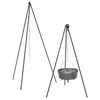 Tall Boy tripod with galvanized chain holding a cast iron Dutch oven suspended over an open fire, featuring all-steel construction and high-temp black finish, ideal for camping and outdoor cooking in Farm, Garden & Tool, Kitchen & Food, Camping, and Cast Iron collections.