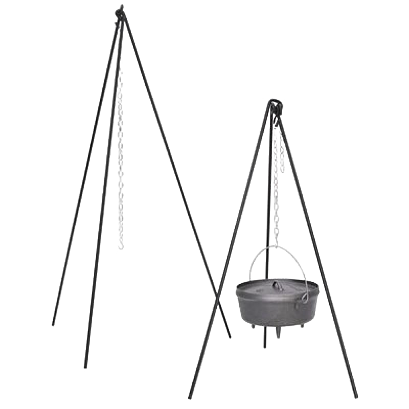 Tall Boy tripod with galvanized chain holding a cast iron Dutch oven suspended over an open fire, featuring all-steel construction and high-temp black finish, ideal for camping and outdoor cooking in Farm, Garden & Tool, Kitchen & Food, Camping, and Cast Iron collections.