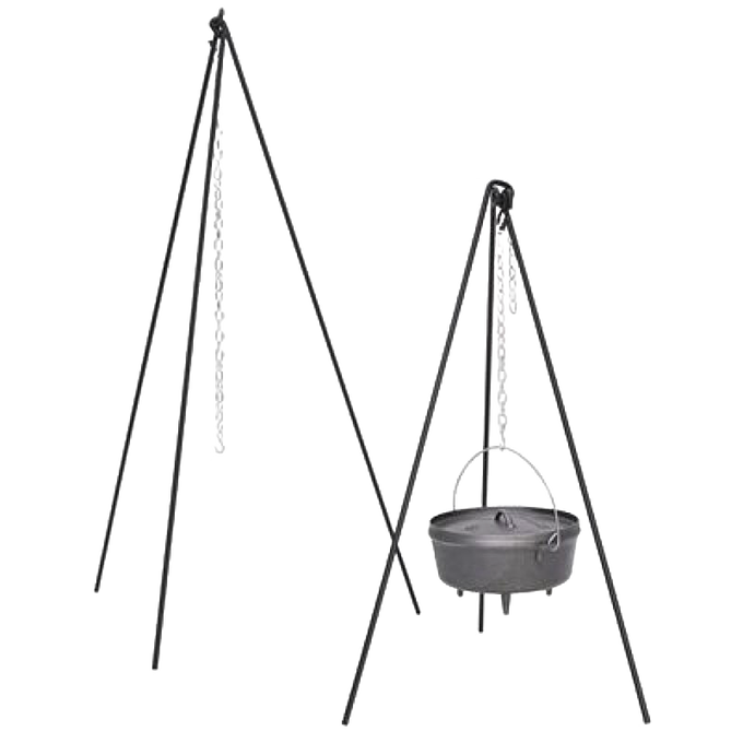 Tall Boy tripod with galvanized chain holding a cast iron Dutch oven suspended over an open fire, featuring all-steel construction and high-temp black finish, ideal for camping and outdoor cooking in Farm, Garden & Tool, Kitchen & Food, Camping, and Cast Iron collections.