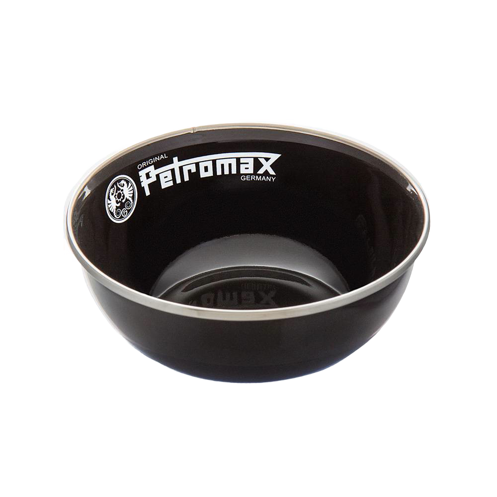 Black enamel bowl with white Petromax logo and silver rim, sturdy and lightweight for outdoor use, ideal for Farm, Garden & Tool, Kitchen & Food, Camping, Dinnerware, Best Sellers, and Promo Eligible collections.
