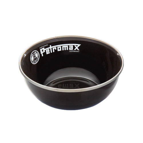 Black enamel bowl with white Petromax logo and silver rim, sturdy and lightweight for outdoor use, ideal for Farm, Garden & Tool, Kitchen & Food, Camping, Dinnerware, Best Sellers, and Promo Eligible collections.
