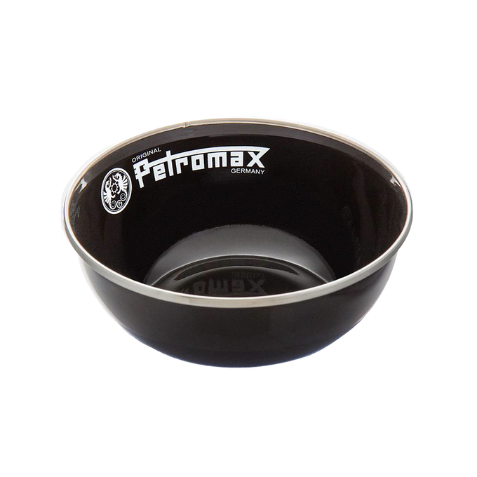 Black enamel bowl with white Petromax logo and silver rim, sturdy and lightweight for outdoor use, ideal for Farm, Garden & Tool, Kitchen & Food, Camping, Dinnerware, Best Sellers, and Promo Eligible collections.