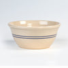 Handcrafted stoneware bowl with two dark blue stripes on a creamy beige background, made in the USA, perfect for Kitchen & Food, Cookware, and Baking Supplies collections.