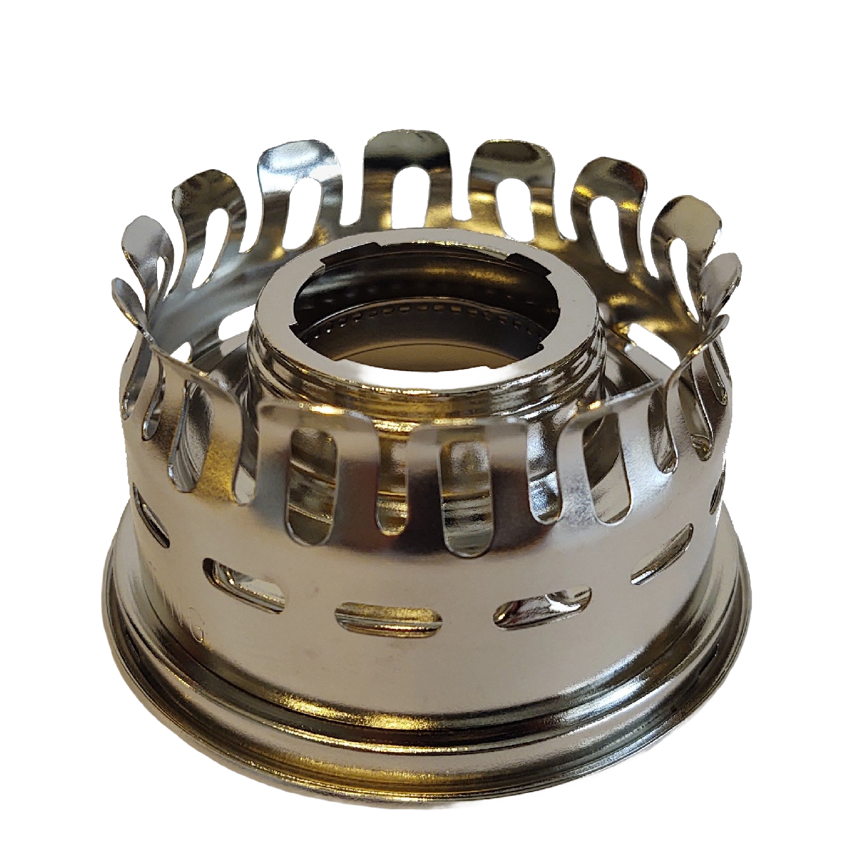 Shiny metal lamp gallery top designed for oil lamp burners with a heel-less design, suitable for various models, featured in Lamps & Lighting, Parts and Accessories, Lamp Burners and Collars, Best Sellers, and Promo Eligible collections.