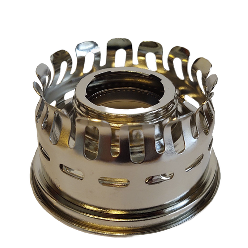 Shiny metal lamp gallery top designed for oil lamp burners with a heel-less design, suitable for various models, featured in Lamps & Lighting, Parts and Accessories, Lamp Burners and Collars, Best Sellers, and Promo Eligible collections.