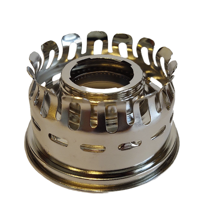 Shiny metal lamp gallery top designed for oil lamp burners with a heel-less design, suitable for various models, featured in Lamps & Lighting, Parts and Accessories, Lamp Burners and Collars, Best Sellers, and Promo Eligible collections.