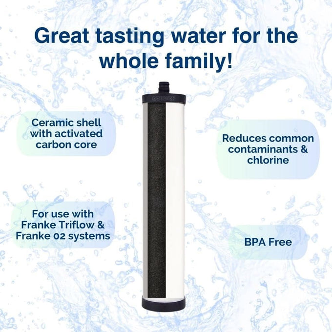 Replacement ceramic water filter element with activated carbon core designed to reduce chlorine and contaminants, compatible with Franke systems, ideal for appliances and emergency supplies.