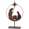 Handcrafted metal nativity sitter with circular design featuring Joseph, Mary, and baby Jesus under a shining star, freestanding for Home & Decor, Holiday Decor, Best Sellers, and Promo Eligible collections.
