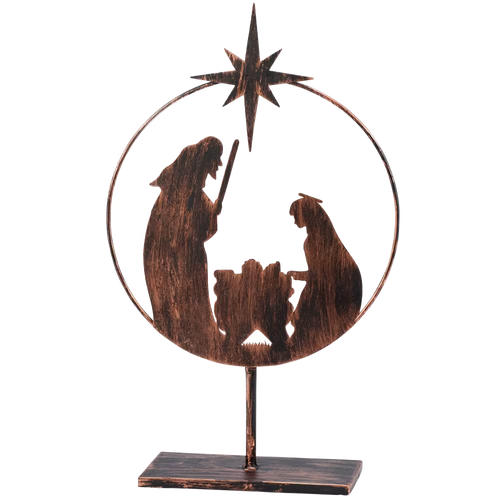 Handcrafted metal nativity sitter with circular design featuring Joseph, Mary, and baby Jesus under a shining star, freestanding for Home & Decor, Holiday Decor, Best Sellers, and Promo Eligible collections.