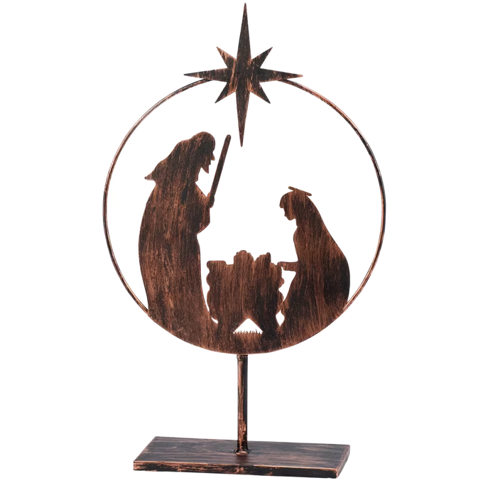 Handcrafted metal nativity sitter with circular design featuring Joseph, Mary, and baby Jesus under a shining star, freestanding for Home & Decor, Holiday Decor, Best Sellers, and Promo Eligible collections.