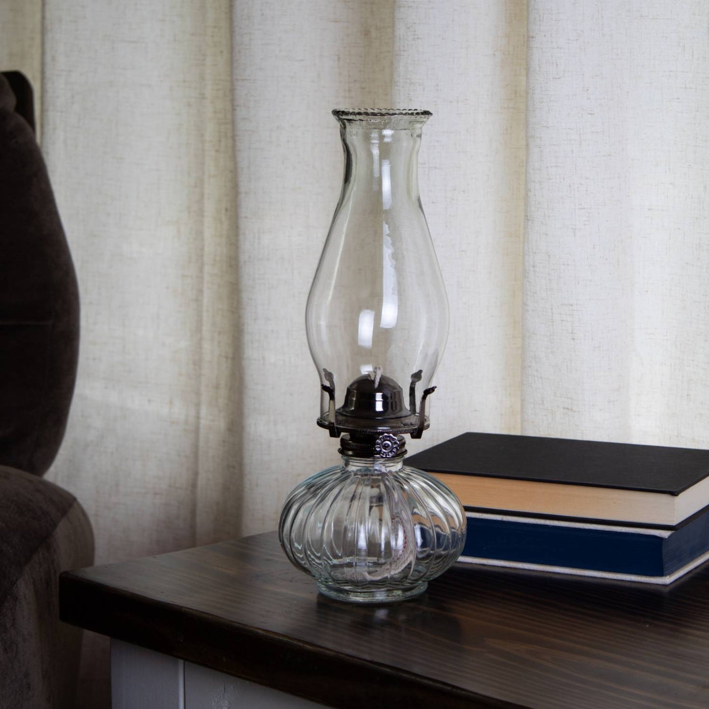 Rayo Ellipse oil lamp with clear ribbed glass base and tall chimney, offering economical non-electric lighting, ideal for Farm, Garden & Tool, Lamps & Lighting, and Emergency Supplies collections.