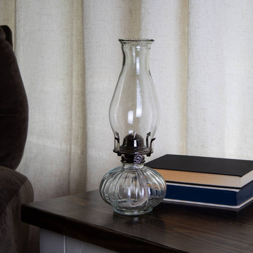 Rayo Ellipse oil lamp with clear ribbed glass base and tall chimney, offering economical non-electric lighting, ideal for Farm, Garden & Tool, Lamps & Lighting, and Emergency Supplies collections.