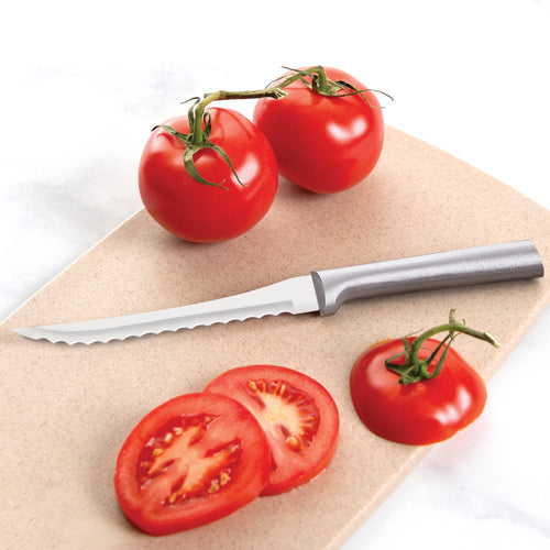 Handcrafted tomato slicer with hand-sharpened high carbon surgical stainless steel serrated blade and solid aluminum handle, made in USA, perfect for food prep and kitchen knives collections.