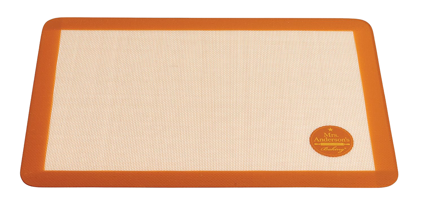 Large durable silicone baking mat with tan center and orange border, designed for artisan bread and baking, ideal for Kitchen & Food, Cookware, Baking Supplies, and Best Sellers collections.