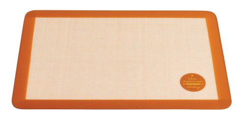 Large durable silicone baking mat with tan center and orange border, designed for artisan bread and baking, ideal for Kitchen & Food, Cookware, Baking Supplies, and Best Sellers collections.