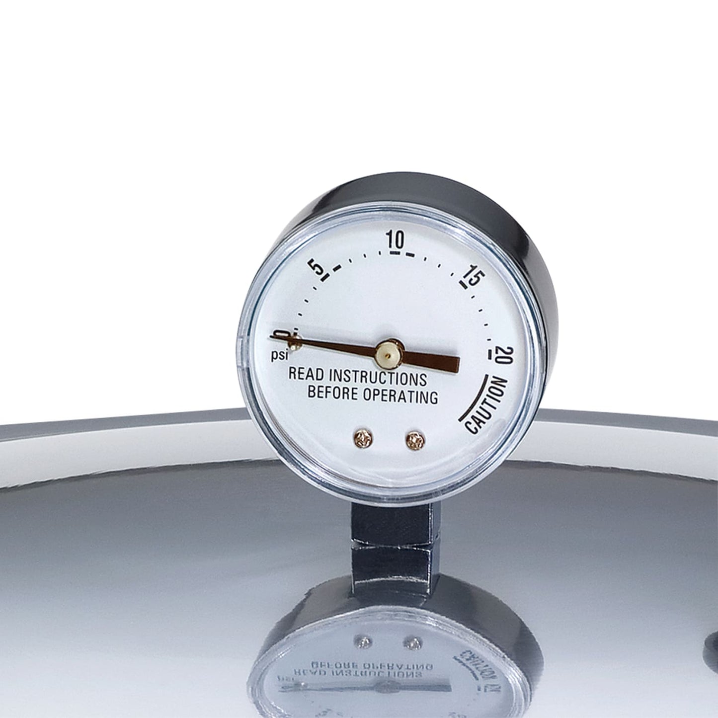 Close-up of a round pressure gauge on a metal lid with clear psi markings and a caution note, featured in Kitchen & Food, Canning, Pressure Canners, and Best Sellers collections.