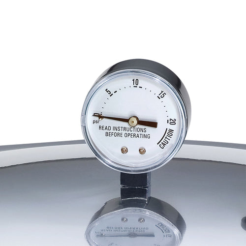 Close-up of a round pressure gauge on a metal lid with clear psi markings and a caution note, featured in Kitchen & Food, Canning, Pressure Canners, and Best Sellers collections.