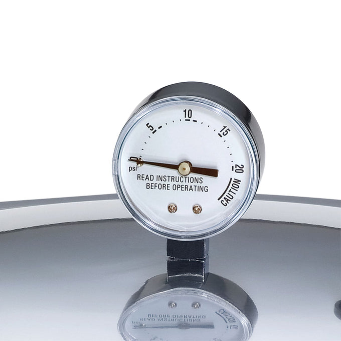 Close-up of a round pressure gauge on a metal lid with clear psi markings and a caution note, featured in Kitchen & Food, Canning, Pressure Canners, and Best Sellers collections.
