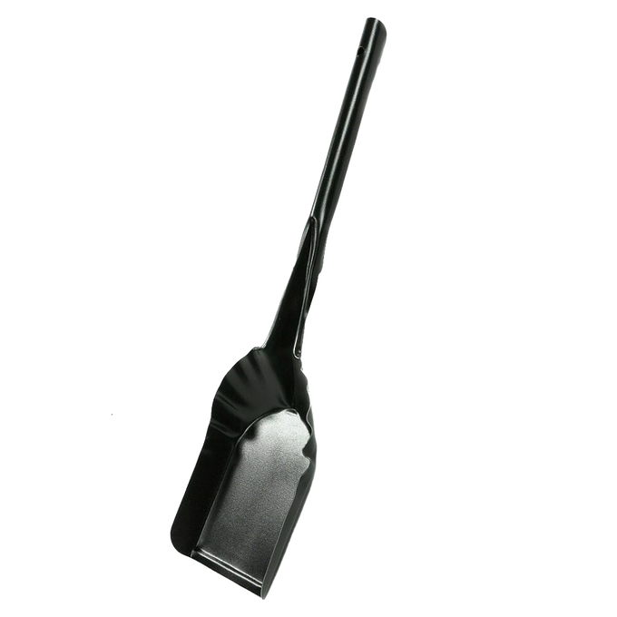 Ergonomic steel ash shovel with a wide scoop designed for efficient ash removal, handcrafted in USA, suitable for hearth cleaning and featured in Stoves and Hearth Accessories collections.