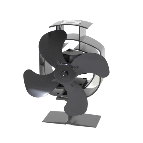 Handcrafted black heat-powered oscillating stove fan with four curved blades and sturdy base, designed to distribute warm air efficiently in stoves and hearth accessories collections.