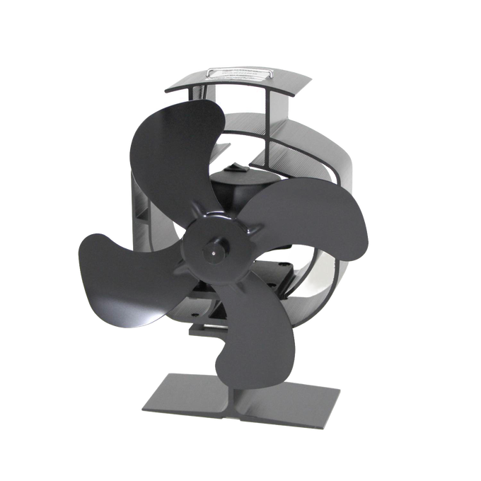 Handcrafted black heat-powered oscillating stove fan with four curved blades and sturdy base, designed to distribute warm air efficiently in stoves and hearth accessories collections.