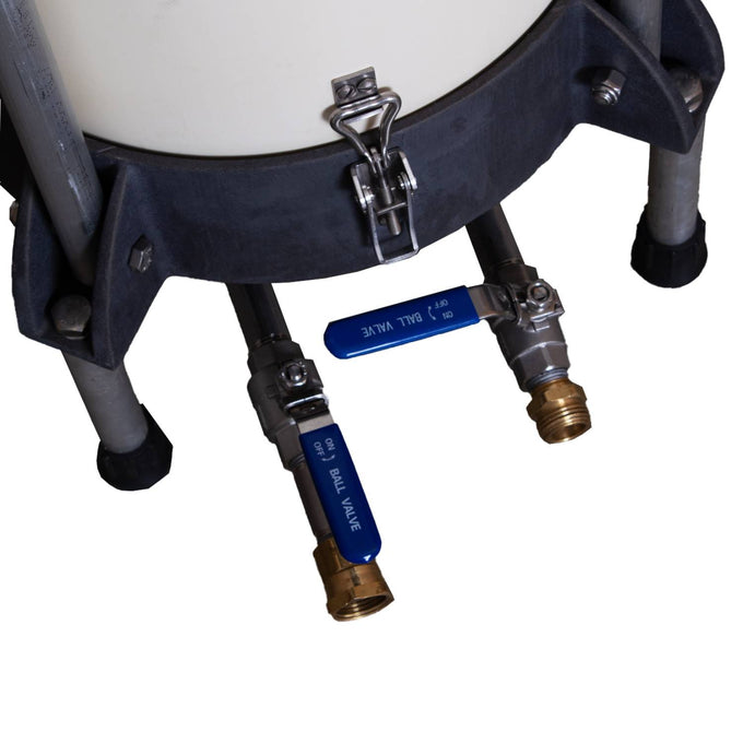 Close-up of the lower section of a handcrafted high-capacity water-powered sausage stuffer showing durable legs and two blue-handled ball valves, designed for Kitchen & Food, Butchering Supplies, USA Made, Amish Made, and Best Sellers collections.
