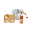 Handcrafted stainless steel stovetop popcorn popper with wooden handle, two bags of Amish Country popcorn kernels, and a bottle of buttery canola oil, ideal for Kitchen & Food, Snacks and Sweets, Popcorn, Amish Made, Best Sellers, and Promo Eligible collections.