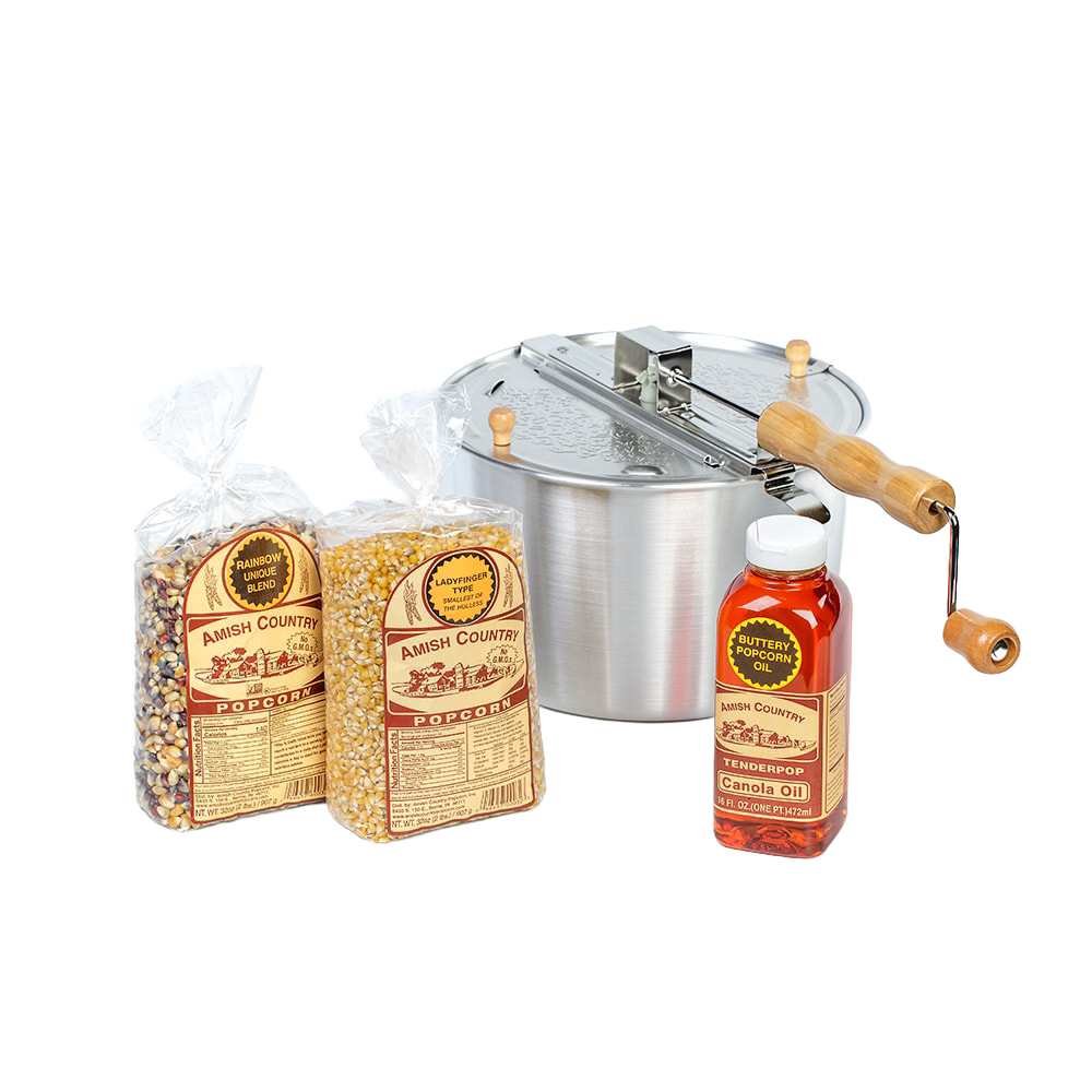 Handcrafted stainless steel stovetop popcorn popper with wooden handle, two bags of Amish Country popcorn kernels, and a bottle of buttery canola oil, ideal for Kitchen & Food, Snacks and Sweets, Popcorn, Amish Made, Best Sellers, and Promo Eligible collections.