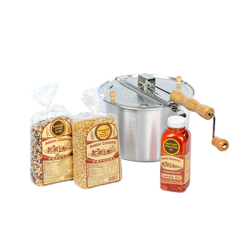 Handcrafted stainless steel stovetop popcorn popper with wooden handle, two bags of Amish Country popcorn kernels, and a bottle of buttery canola oil, ideal for Kitchen & Food, Snacks and Sweets, Popcorn, Amish Made, Best Sellers, and Promo Eligible collections.