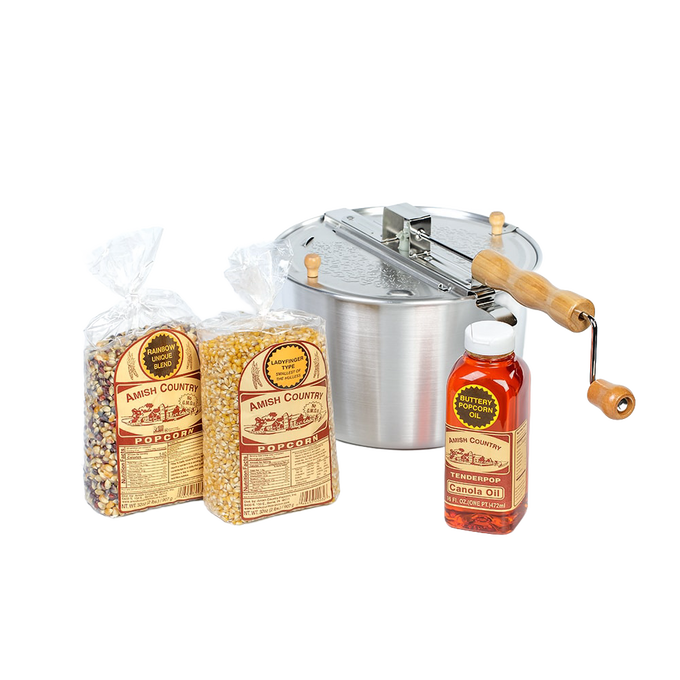 Handcrafted stainless steel stovetop popcorn popper with wooden handle, two bags of Amish Country popcorn kernels, and a bottle of buttery canola oil, ideal for Kitchen & Food, Snacks and Sweets, Popcorn, Amish Made, Best Sellers, and Promo Eligible collections.